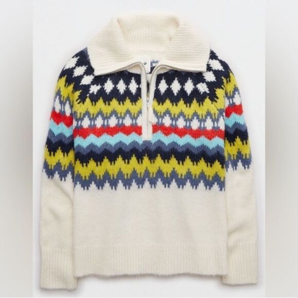 Aerie Relaxed Fair Isle Chevron Aztec Quarter Zip Turtleneck Chunky Sweater S - Picture 11 of 12